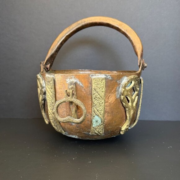 Antique Copper Cache Pot With Brass Embellishments Wobbly Bottom Unique French D